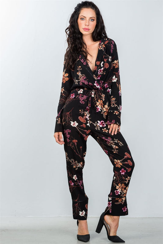 Ladies fashion black floral print wrap v neck long sleeve jumpsuit