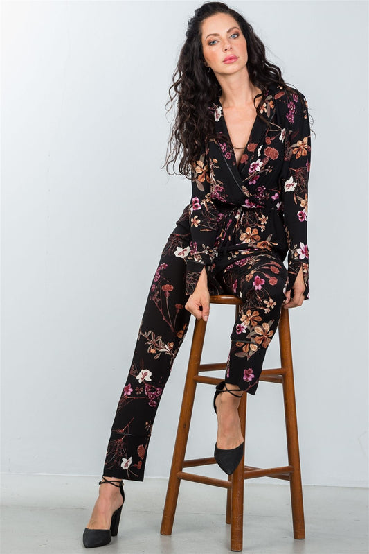 Ladies fashion black floral print wrap v neck long sleeve jumpsuit