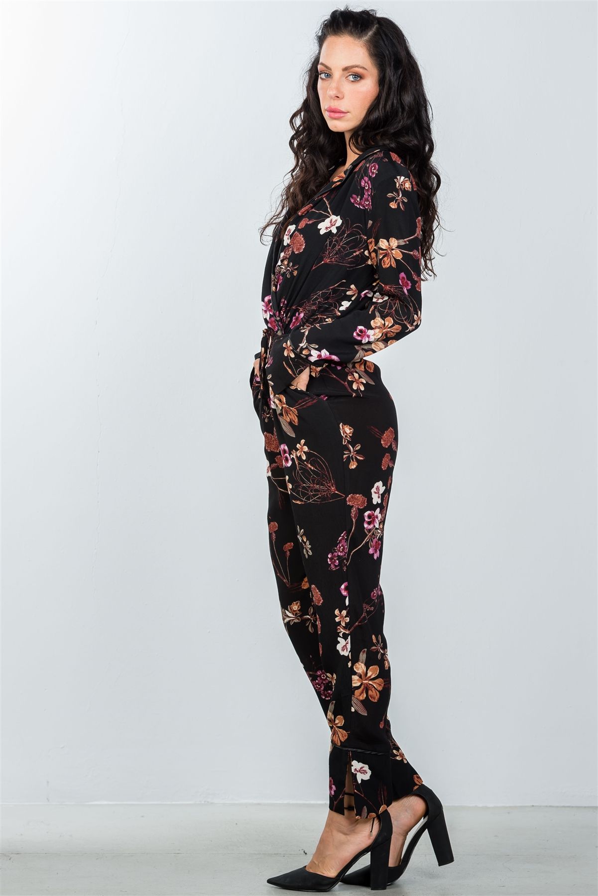 Ladies fashion black floral print wrap v neck long sleeve jumpsuit