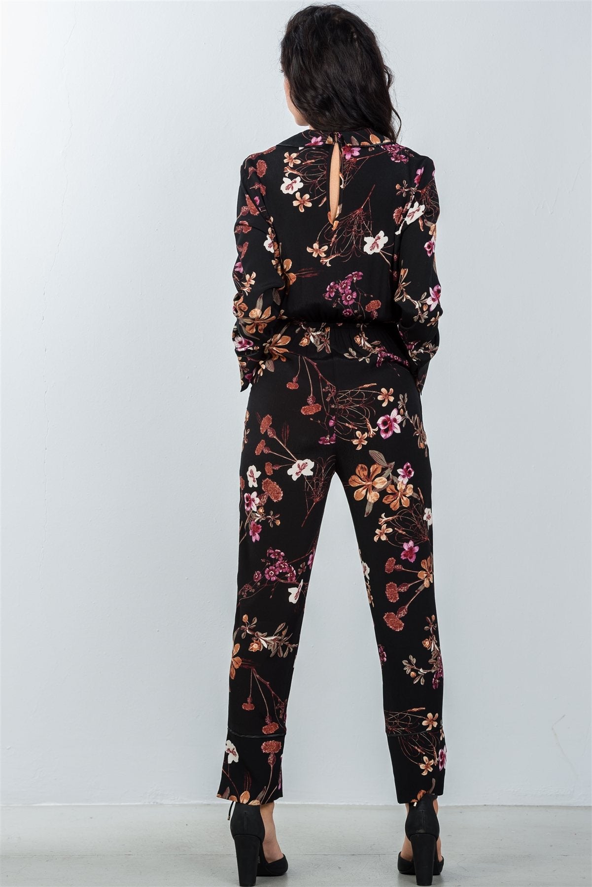 Ladies fashion black floral print wrap v neck long sleeve jumpsuit