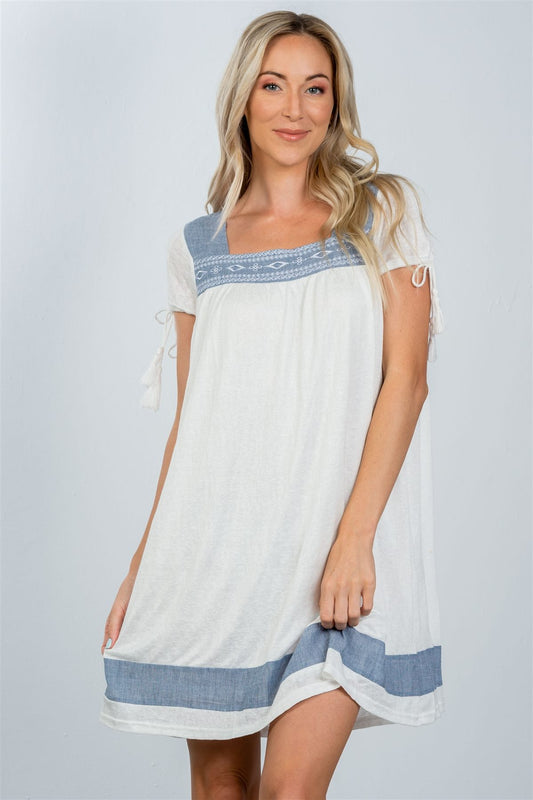 Ladies fashion contrast embroidered tie-sleeve boho mini dress