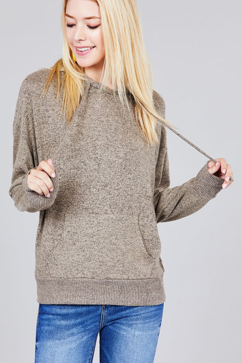 Ladies fashion long sleeve hoodie w/drawstring brushed hacci knit top