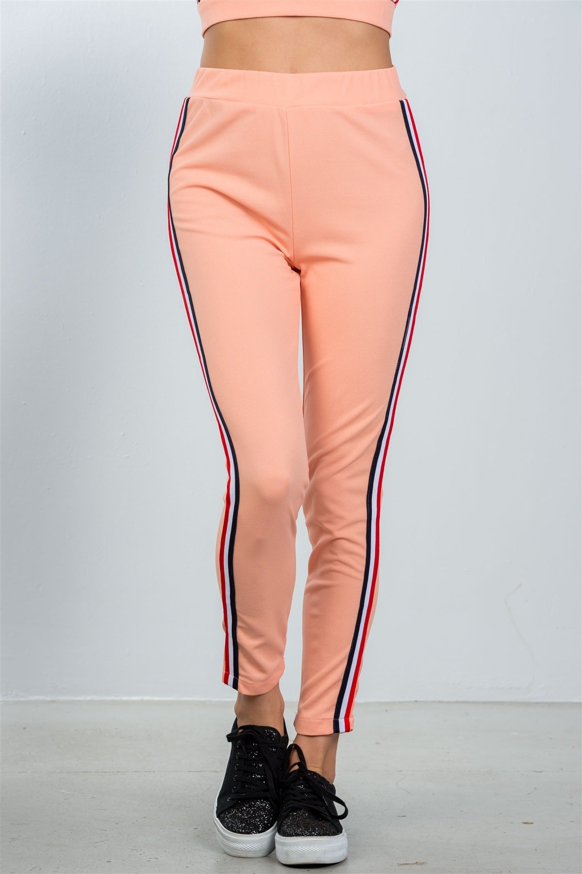 Ladies fashion crop top and matching pants with side contrast stripe