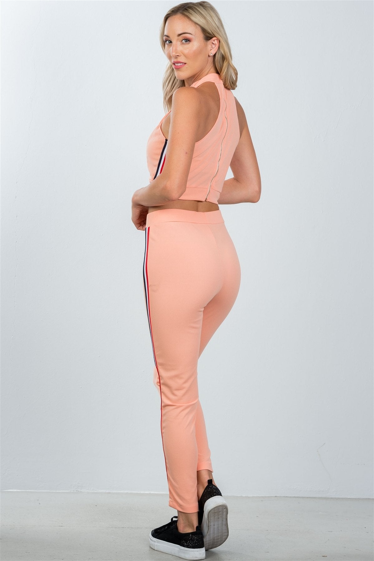 Ladies fashion crop top and matching pants with side contrast stripe