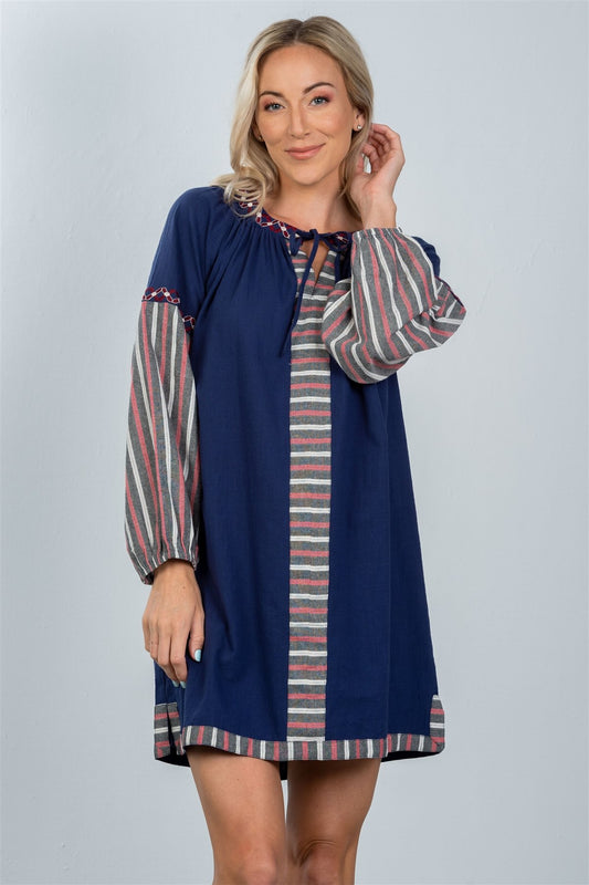 Ladies fashion bohemian stripe contrast sleeve mini dress