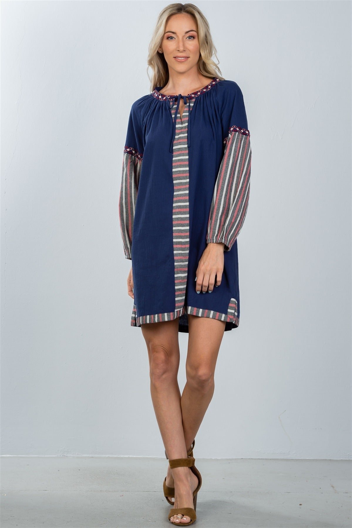 Ladies fashion bohemian stripe contrast sleeve mini dress