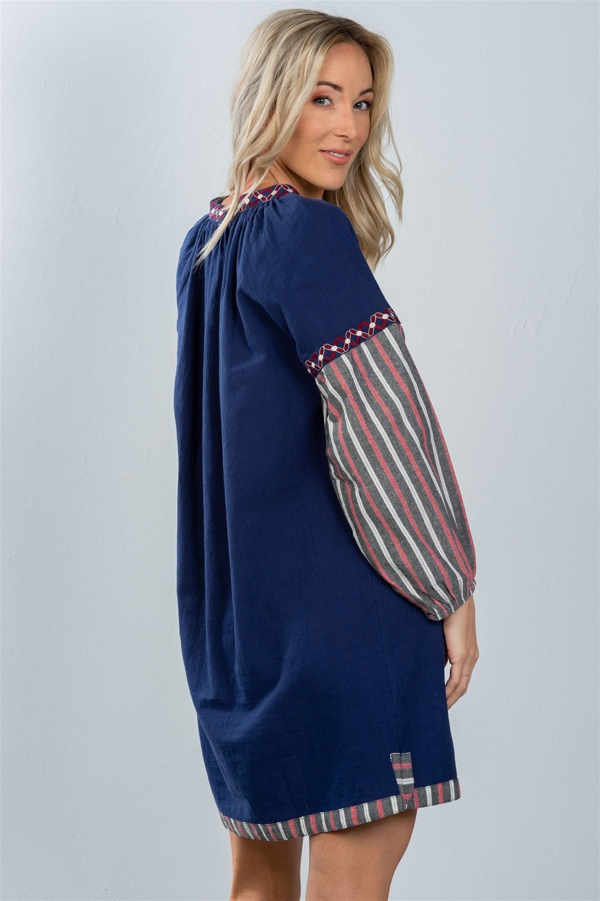 Ladies fashion bohemian stripe contrast sleeve mini dress