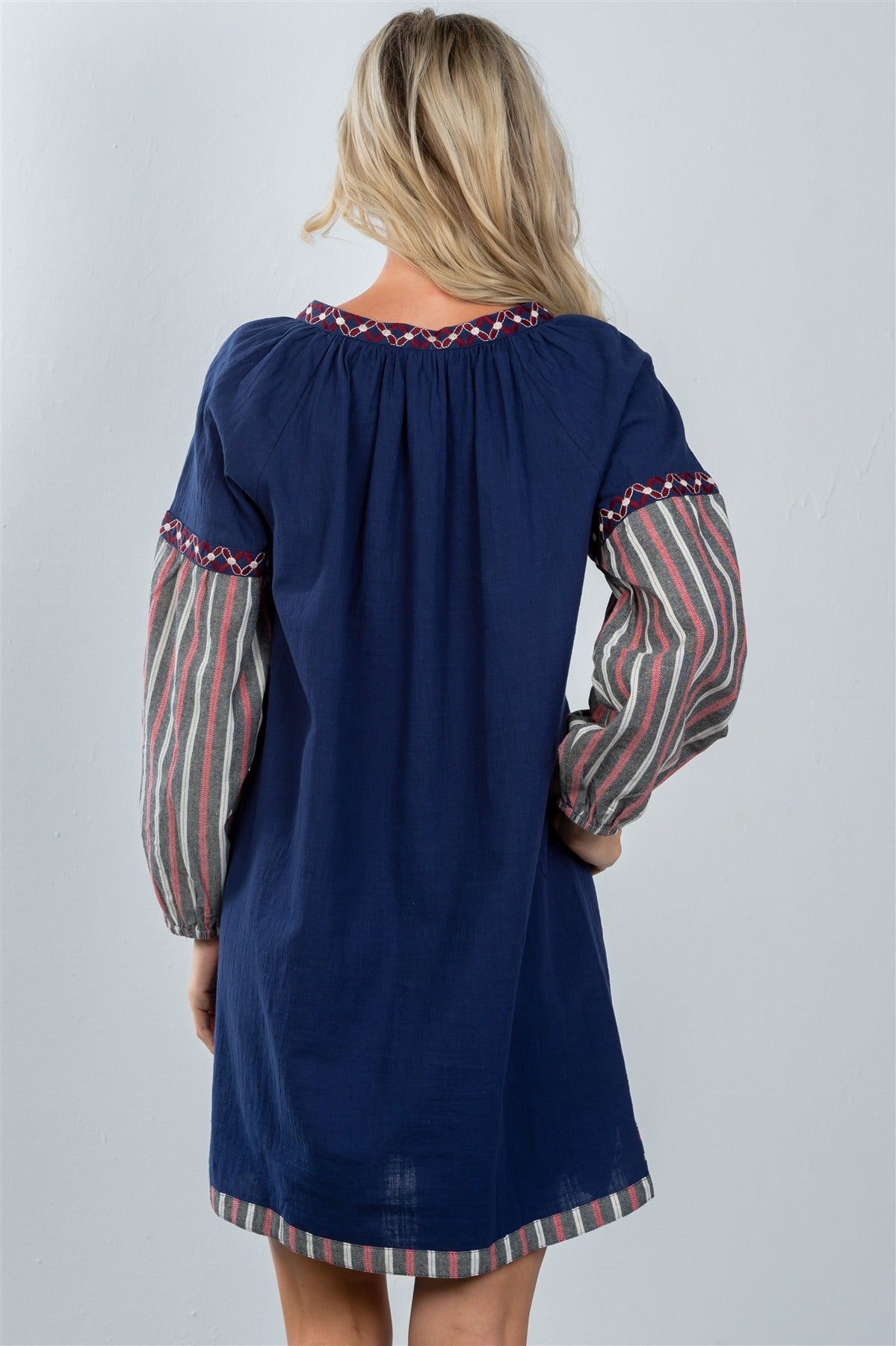 Ladies fashion bohemian stripe contrast sleeve mini dress