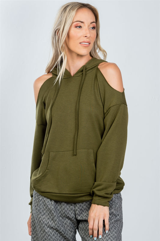 Ladies fashion olive distressed cold shoulder hoodie