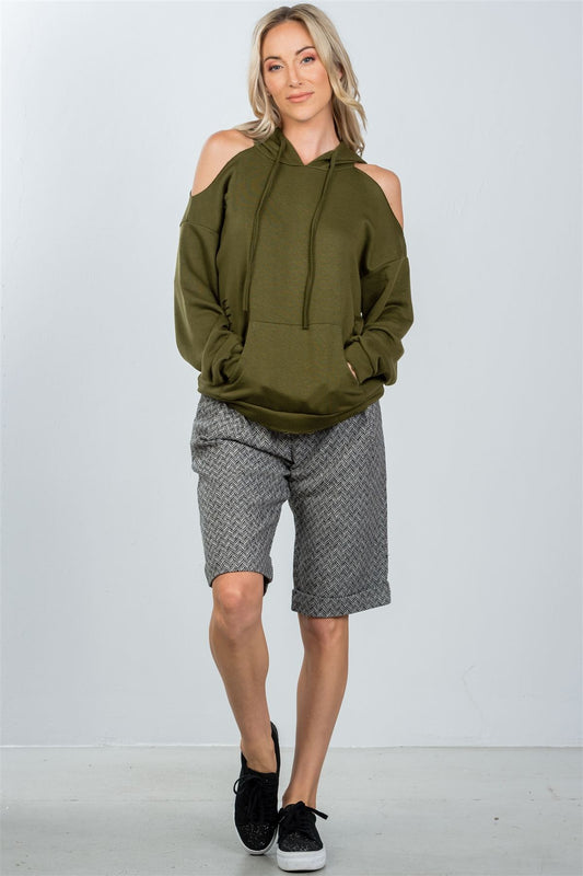 Ladies fashion olive distressed cold shoulder hoodie