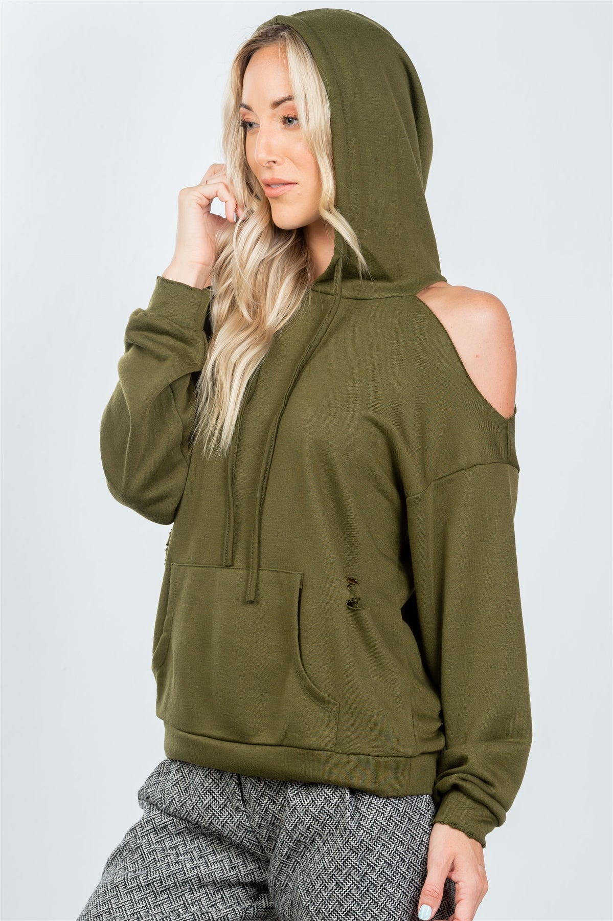 Ladies fashion olive distressed cold shoulder hoodie