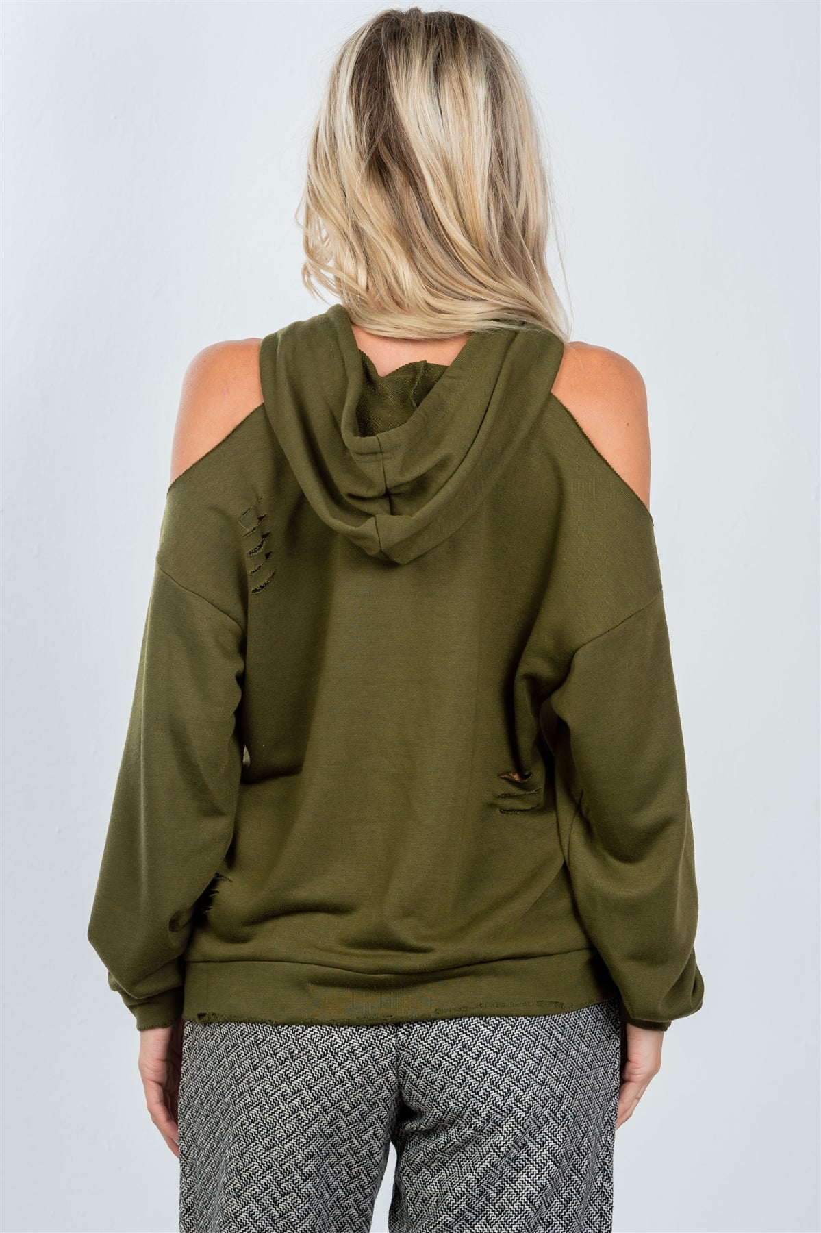 Ladies fashion olive distressed cold shoulder hoodie