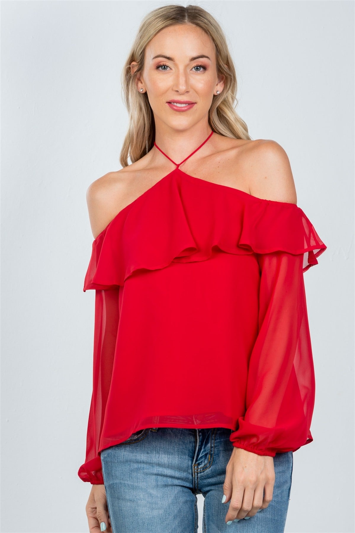 Ladies fashion halter cold shoulder top