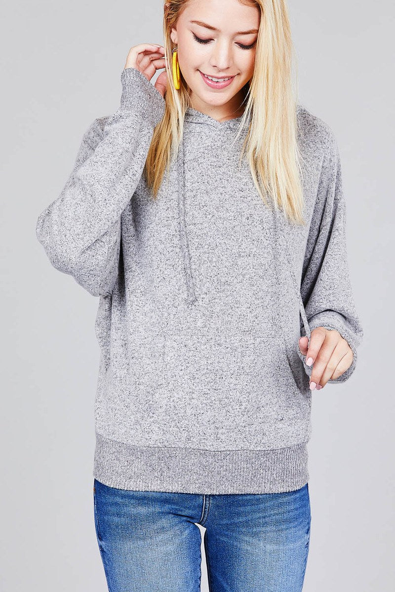 Ladies fashion plus size long sleeve hoodie w/drawstring brushed hacci knit top