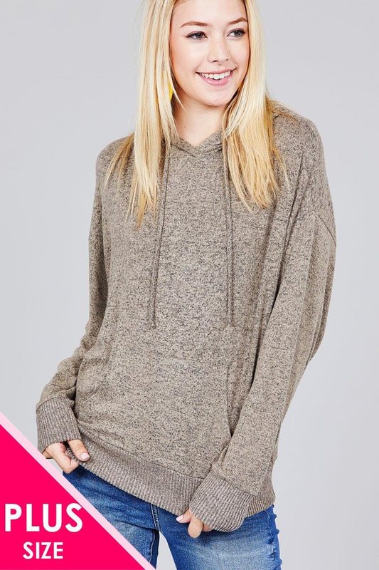 Ladies fashion plus size long sleeve hoodie w/drawstring brushed hacci knit top