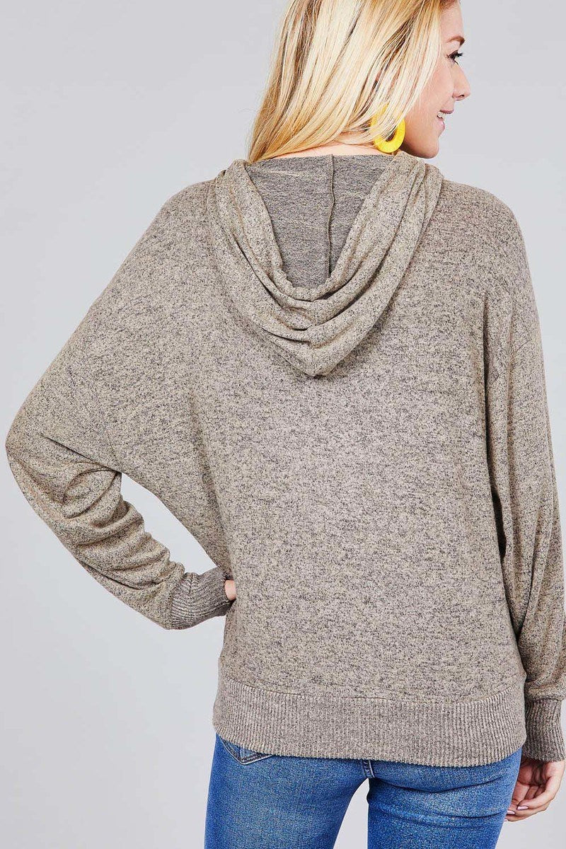 Ladies fashion plus size long sleeve hoodie w/drawstring brushed hacci knit top