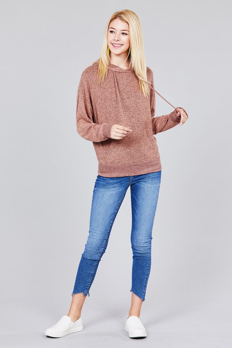 Ladies fashion plus size long sleeve hoodie w/drawstring brushed hacci knit top