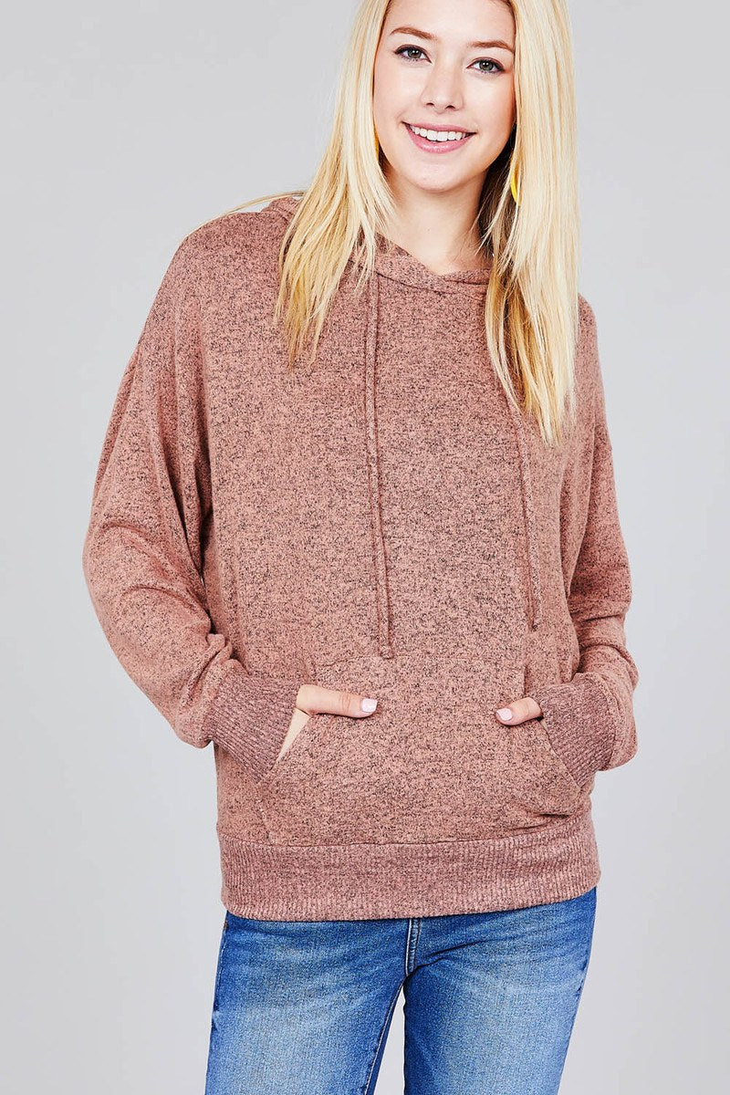 Ladies fashion plus size long sleeve hoodie w/drawstring brushed hacci knit top
