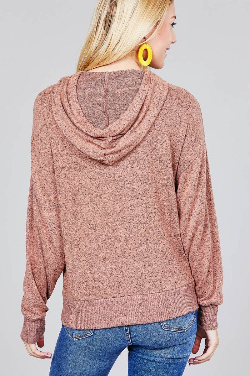 Ladies fashion plus size long sleeve hoodie w/drawstring brushed hacci knit top