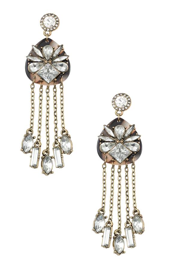 Crystal floral framed drop chain dangle earring