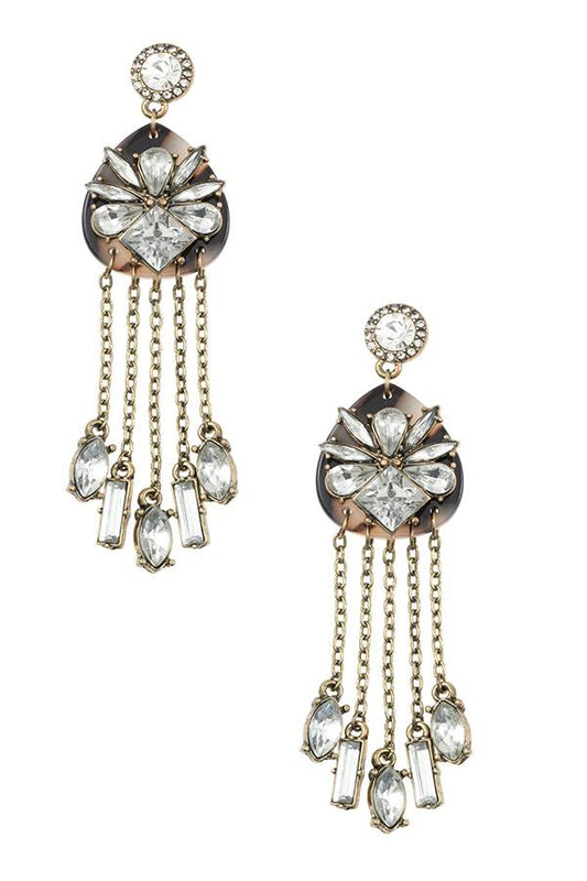 Crystal floral framed drop chain dangle earring