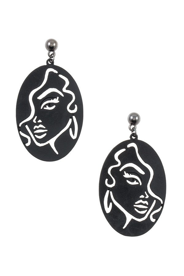 Outline woman face oval earring