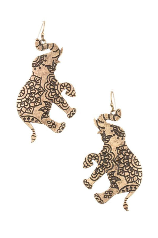 Floral etched elephant dangle earring