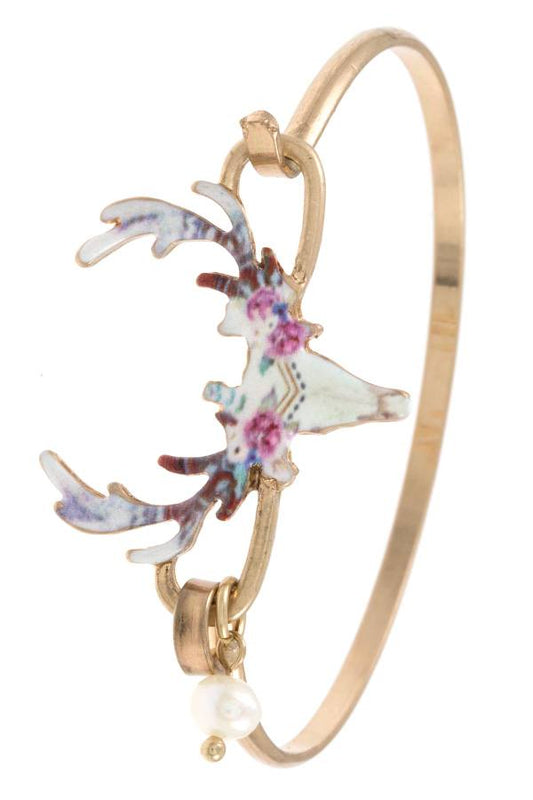 Floral etched bull bangle bracelet