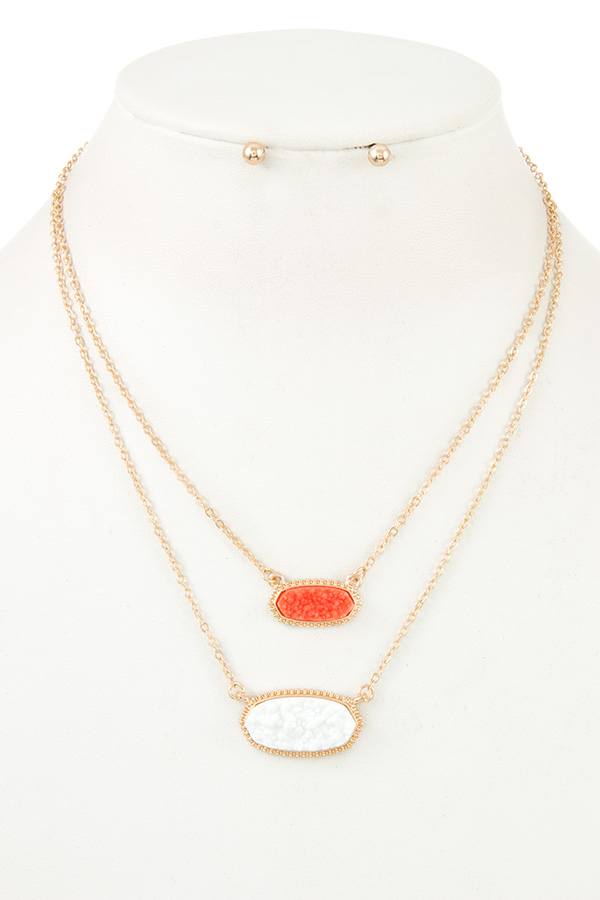 Double row cracked stone pendant necklace set
