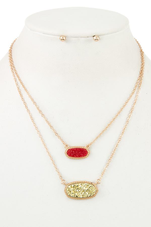 Double row cracked stone pendant necklace set