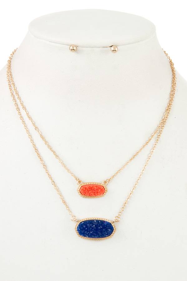 Double row cracked stone pendant necklace set