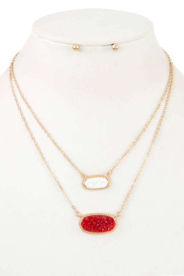 Double row cracked stone pendant necklace set