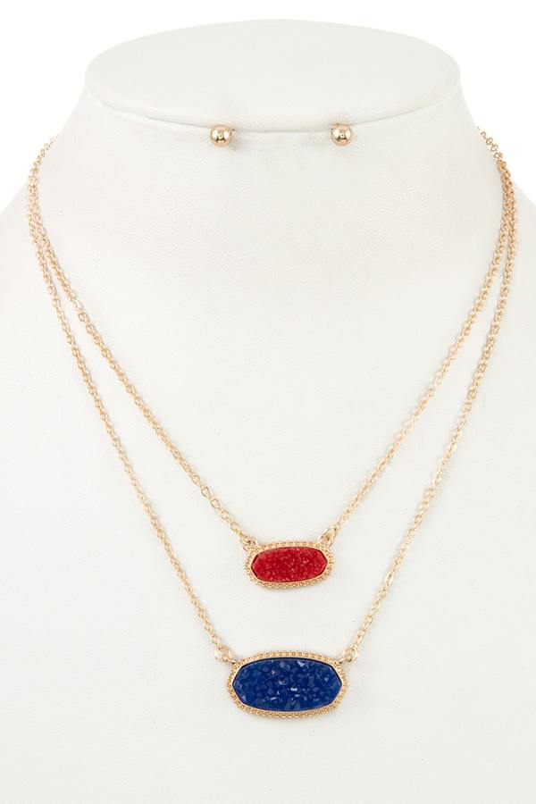 Double row cracked stone pendant necklace set