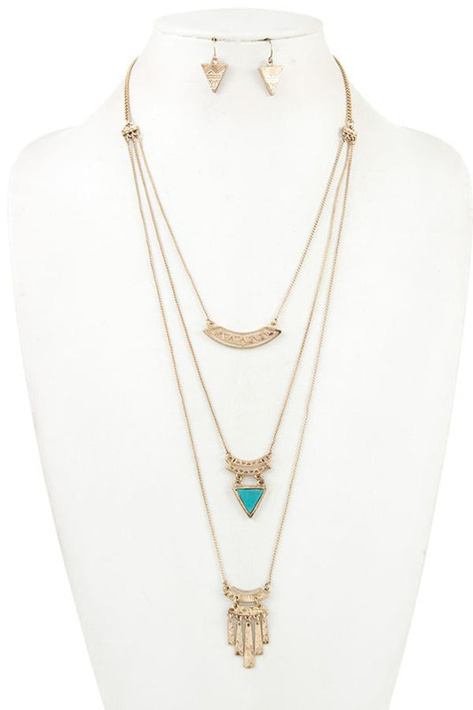 Multi layered fringe bar pendant necklace set