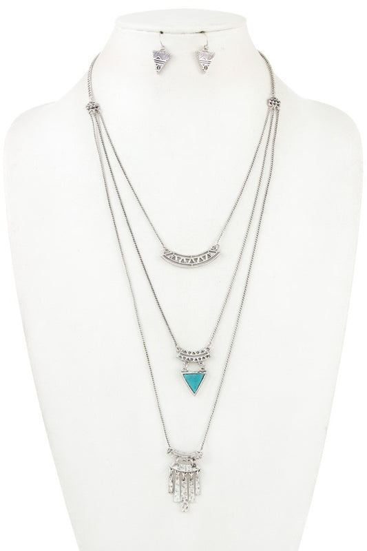 Multi layered fringe bar pendant necklace set