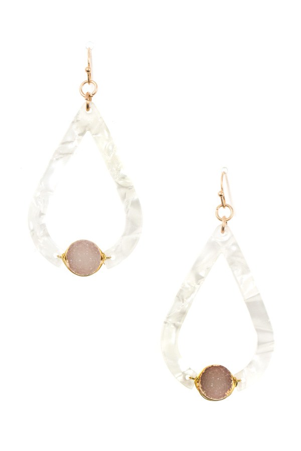 Faux druzy stone accent resin teardrop dangle earring