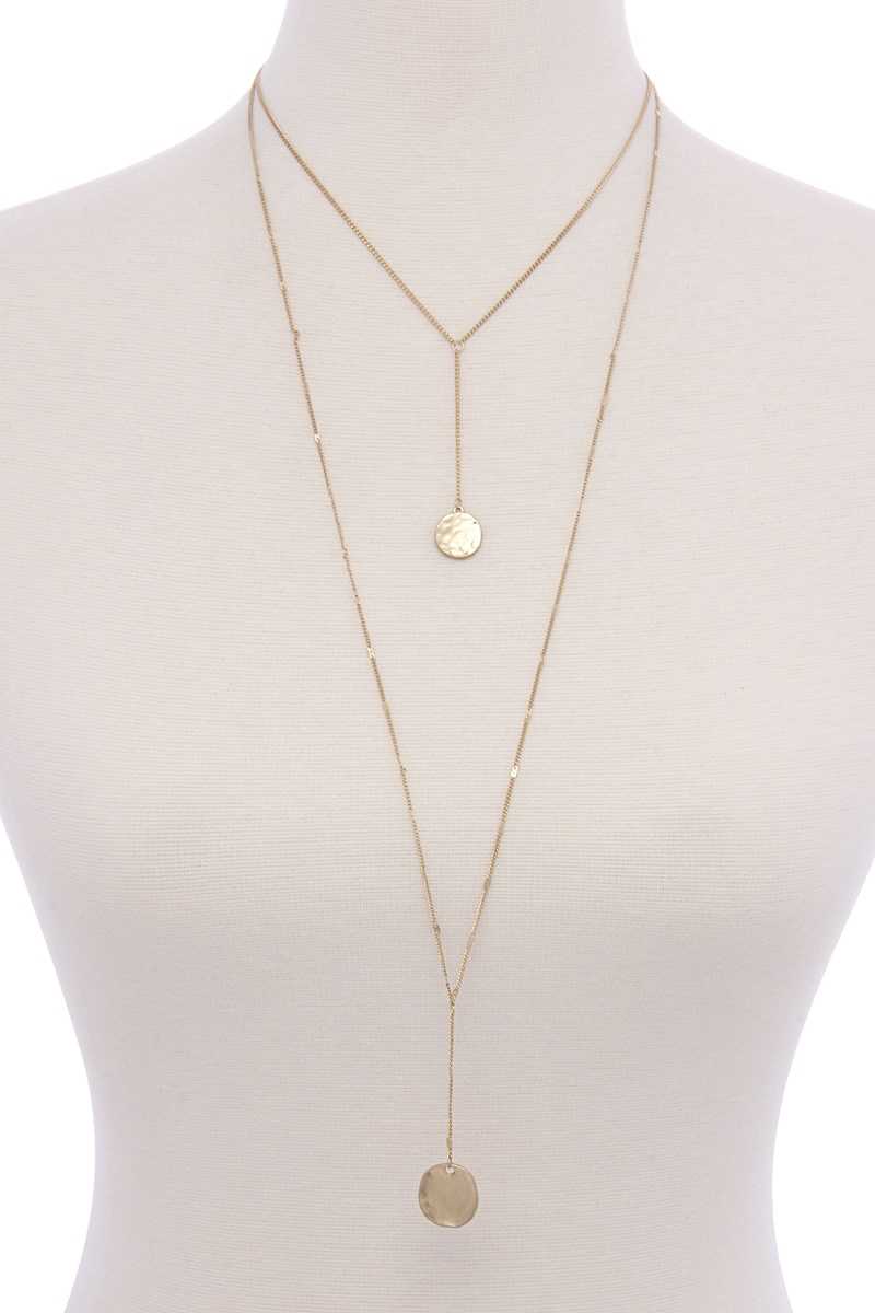 Hammered disc pendant drop layered necklace