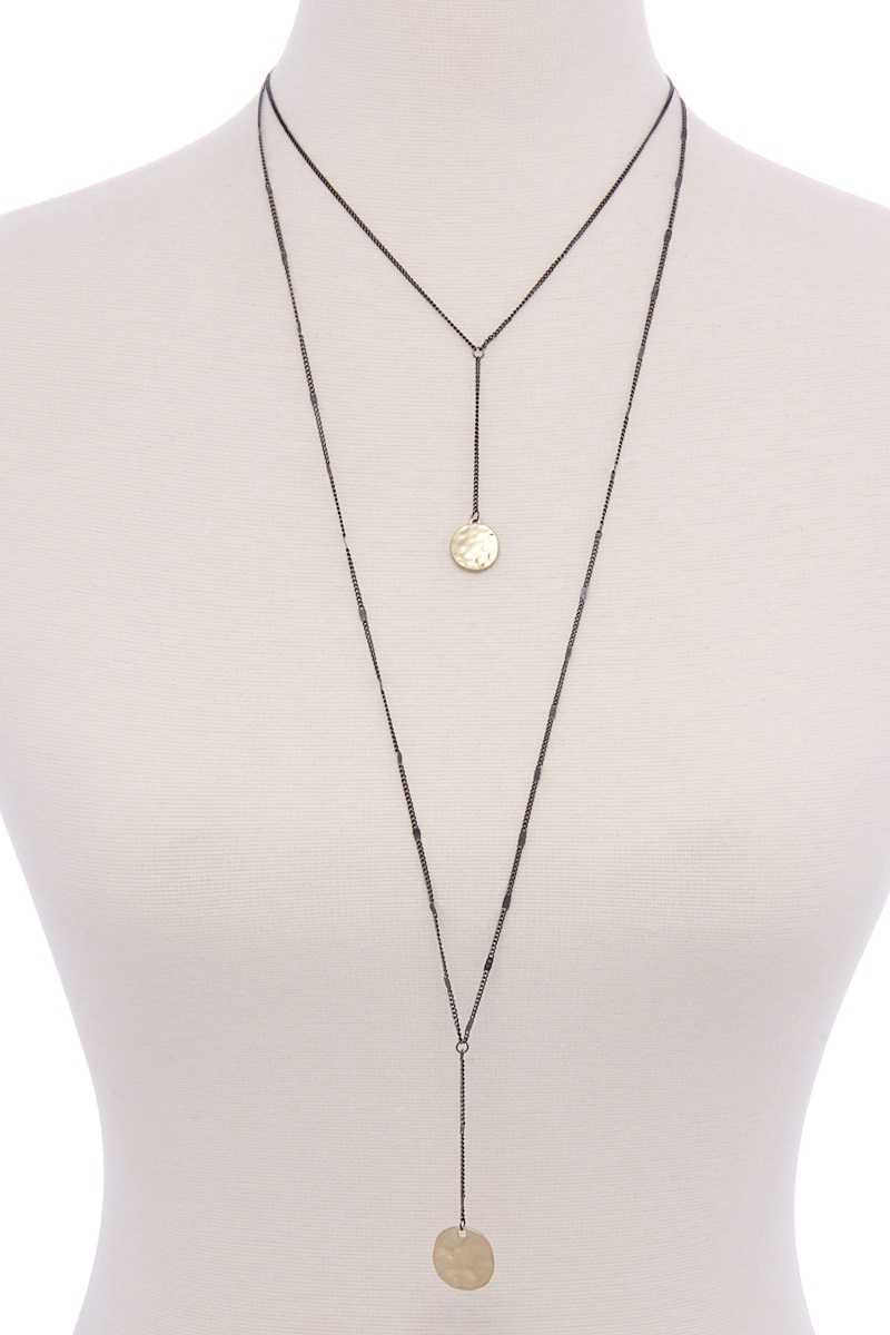 Hammered disc pendant drop layered necklace