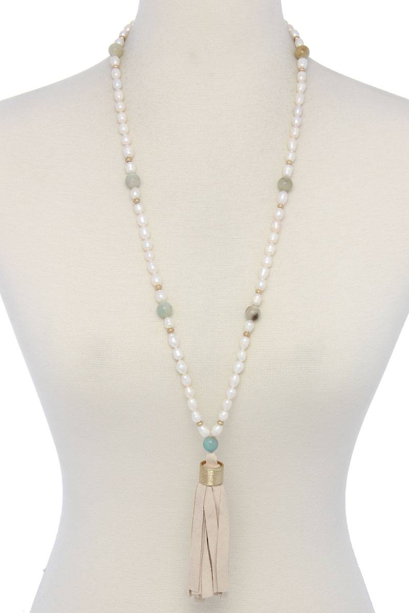 Suede tassel beaded long necklace