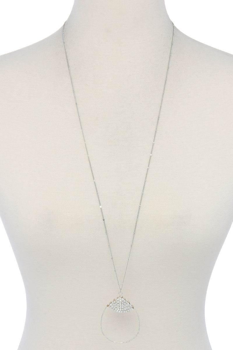 Hammered beaed tear drop shape pendant long necklace