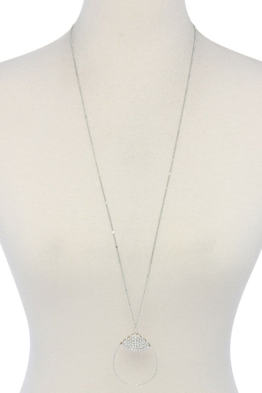 Hammered beaed tear drop shape pendant long necklace