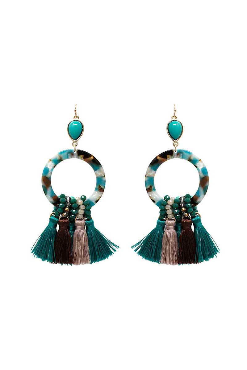 Acetate beaded multi colored tassel drop earring