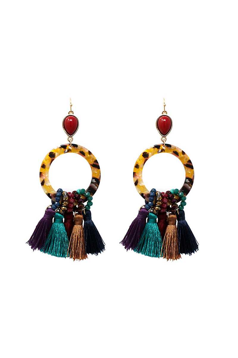 Acetate beaded multi colored tassel drop earring