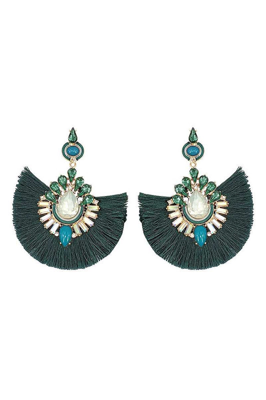 Rhinestone fan tassel drop earring