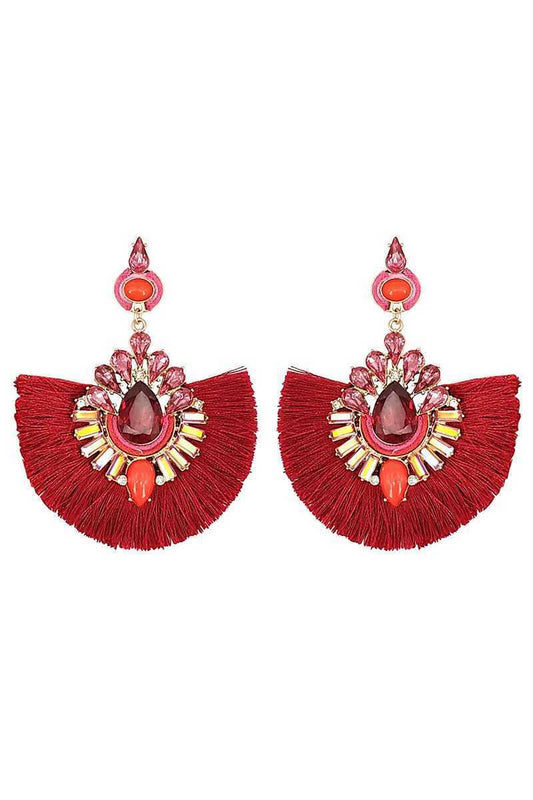 Rhinestone fan tassel drop earring