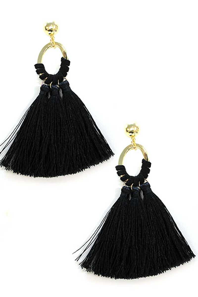 Oval shape metal linked tassel drop earring