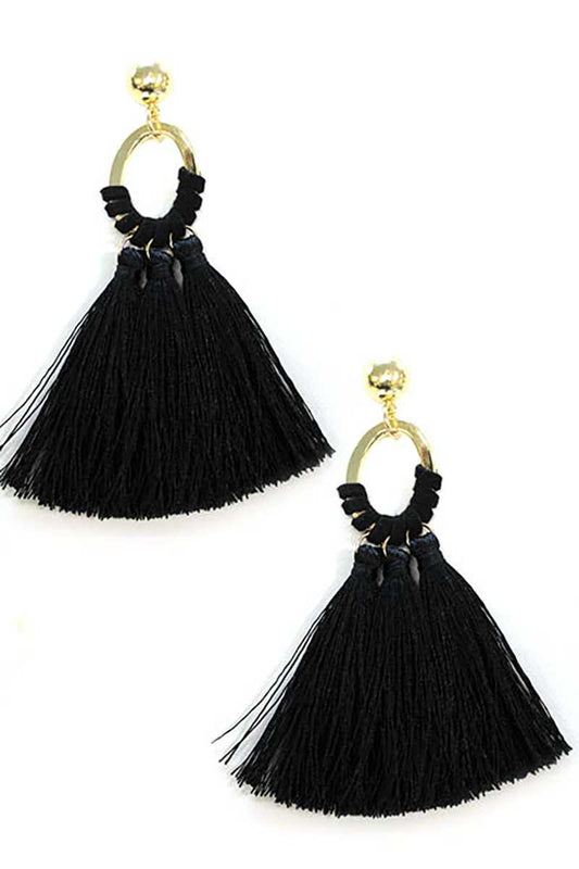 Oval shape metal linked tassel drop earring