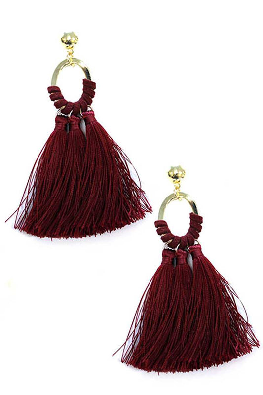 Oval shape metal linked tassel drop earring