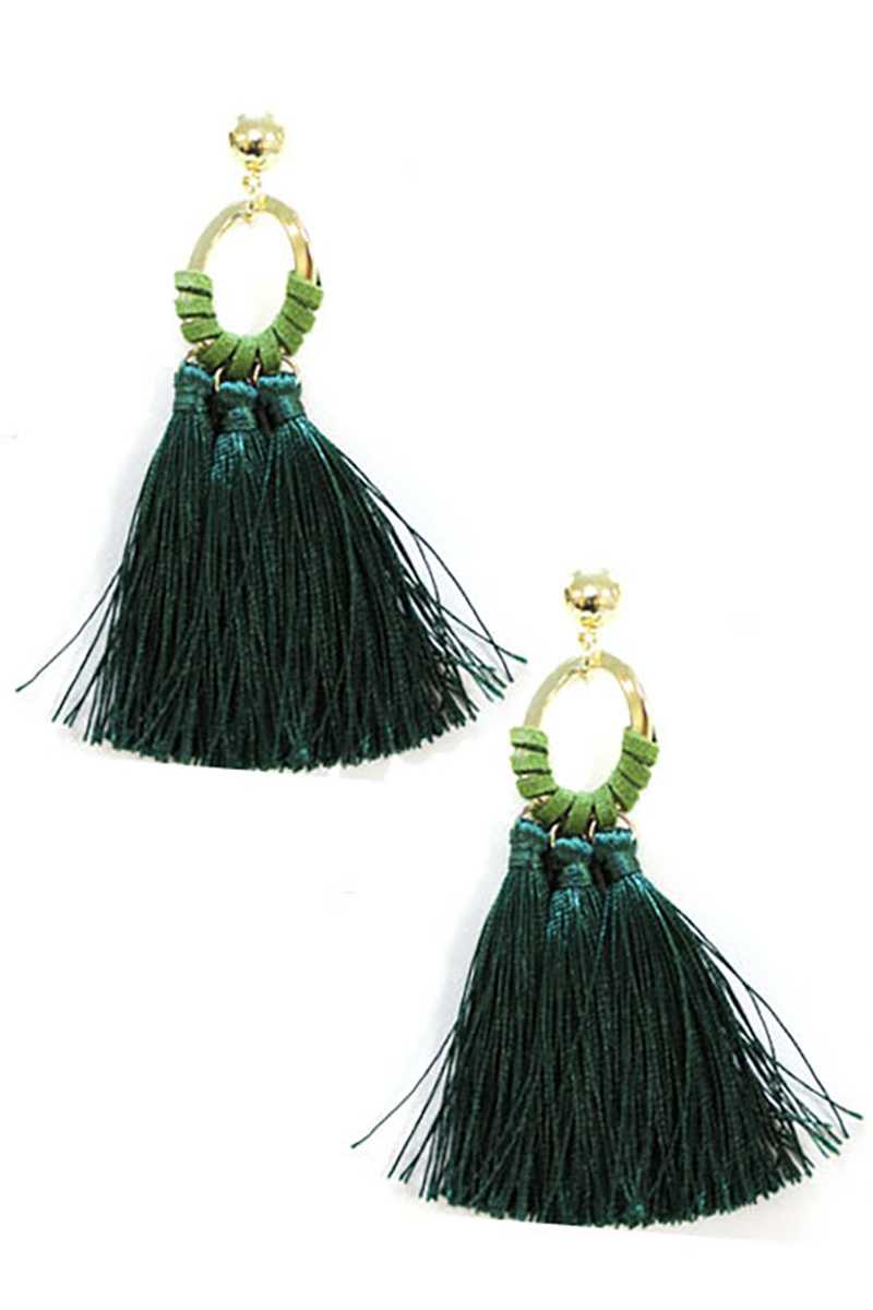 Oval shape metal linked tassel drop earring
