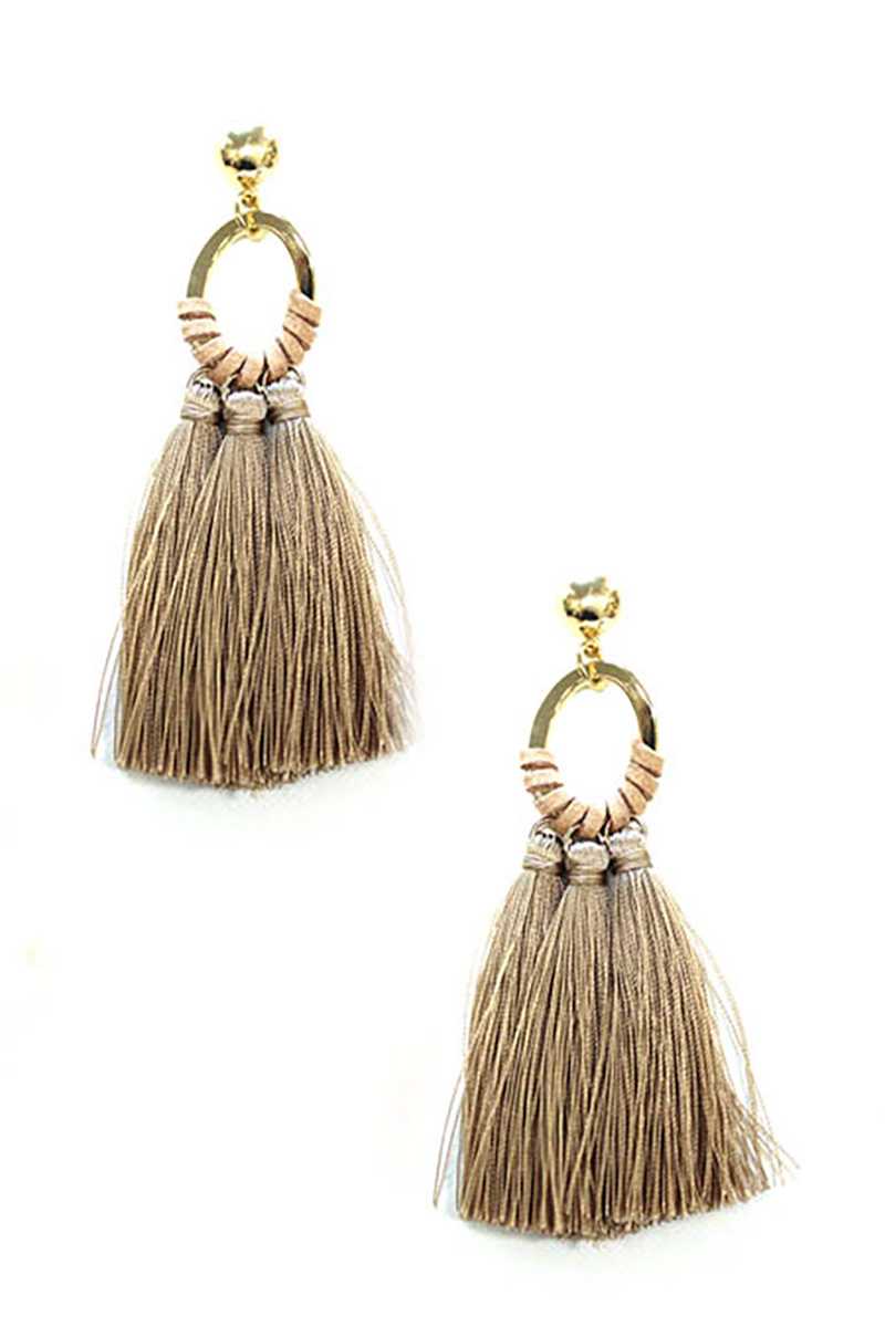 Oval shape metal linked tassel drop earring